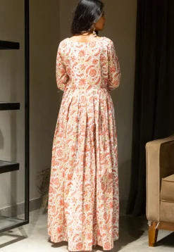 Block Printed Cotton Maxi Dress in White and Red