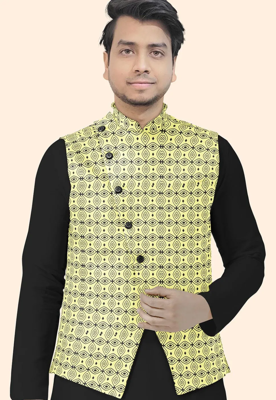 Block Printed Cotton Nehru Jacket in Yellow