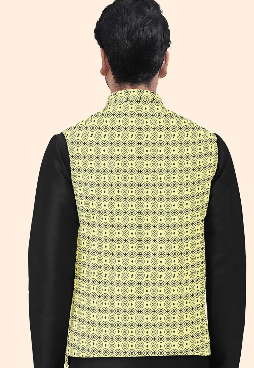 Block Printed Cotton Nehru Jacket in Yellow
