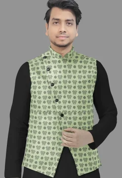 Block Printed Cotton Nehru Jacket in Light Green