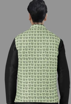 Block Printed Cotton Nehru Jacket in Light Green