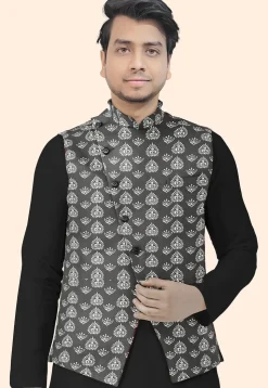 Block Printed Cotton Nehru Jacket in Grey