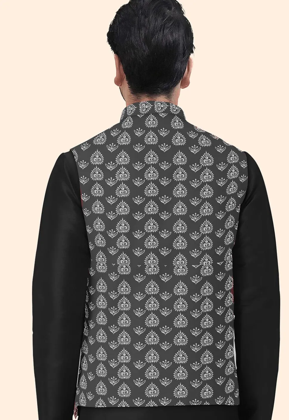 Block Printed Cotton Nehru Jacket in Grey