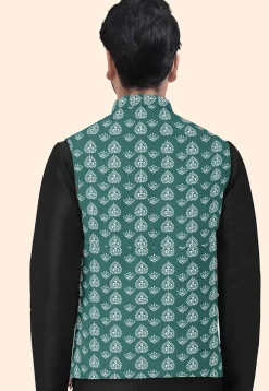 Block Printed Cotton Nehru Jacket in Teal Green