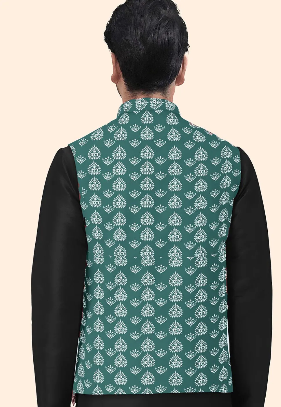 Block Printed Cotton Nehru Jacket in Teal Green