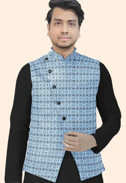 Block Printed Cotton Nehru Jacket in Sky Blue