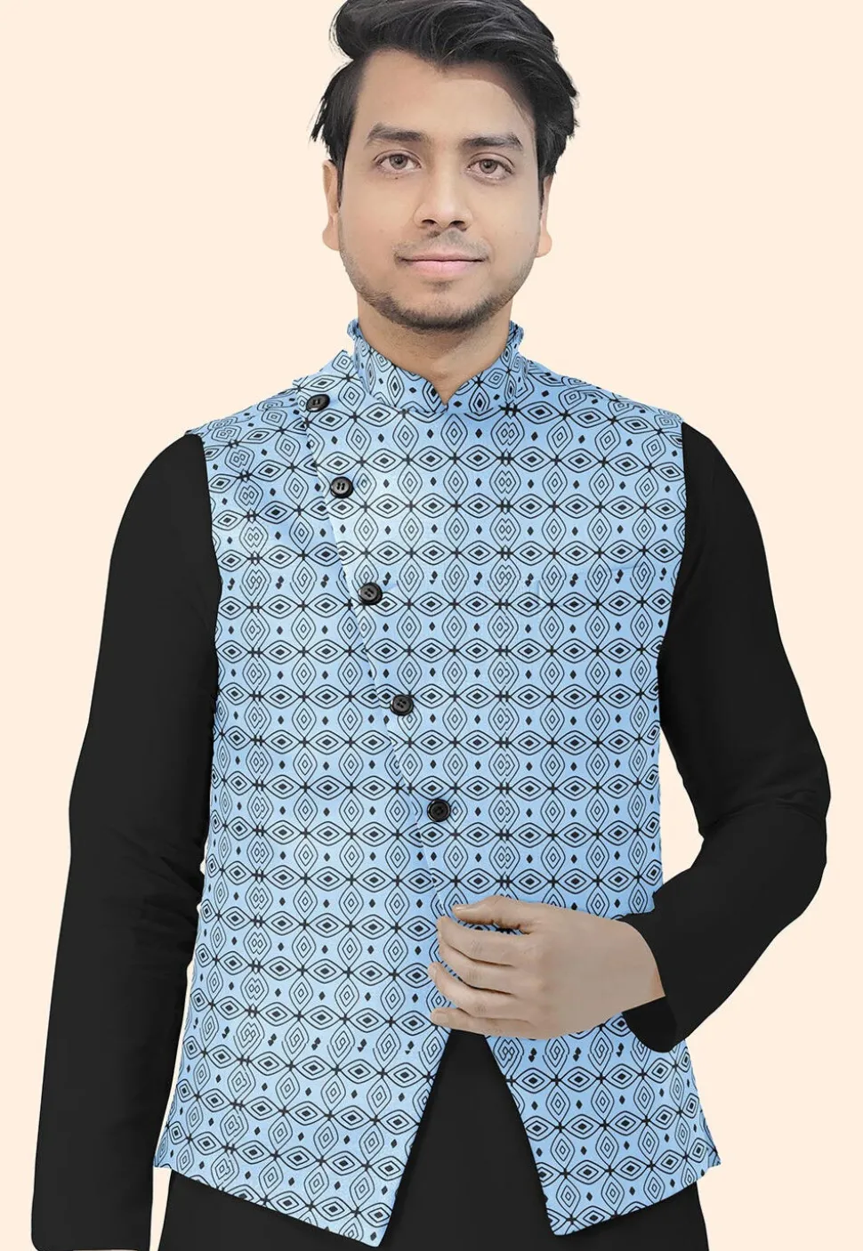 Block Printed Cotton Nehru Jacket in Sky Blue