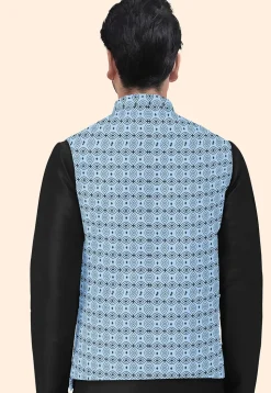 Block Printed Cotton Nehru Jacket in Sky Blue