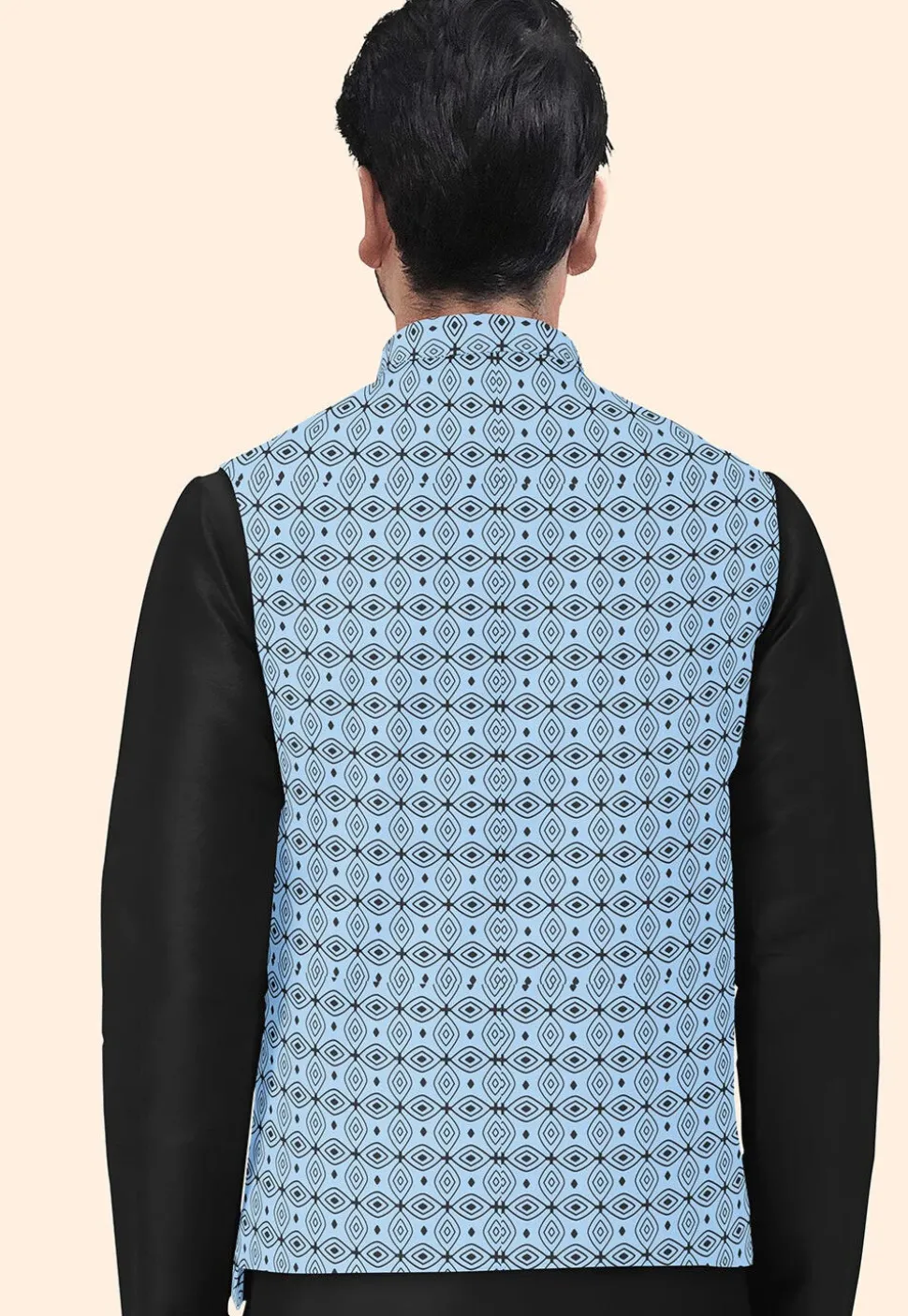 Block Printed Cotton Nehru Jacket in Sky Blue