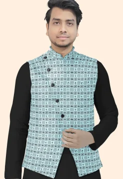 Block Printed Cotton Nehru Jacket in Sky Blue