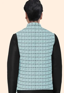 Block Printed Cotton Nehru Jacket in Sky Blue
