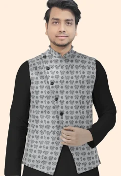 Block Printed Cotton Nehru Jacket in Grey