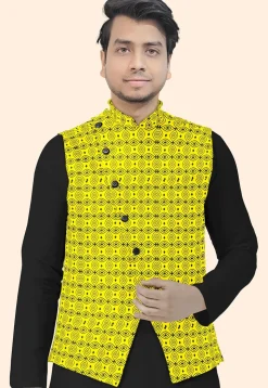 Block Printed Cotton Nehru Jacket in Mustard