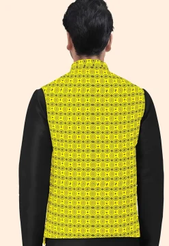 Block Printed Cotton Nehru Jacket in Mustard