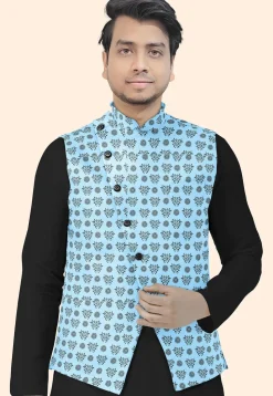 Block Printed Cotton Nehru Jacket in Sky Blue