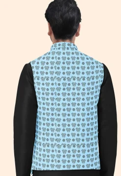 Block Printed Cotton Nehru Jacket in Sky Blue