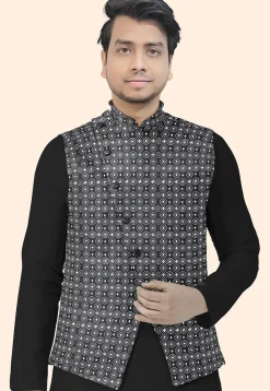 Block Printed Cotton Nehru Jacket in Black