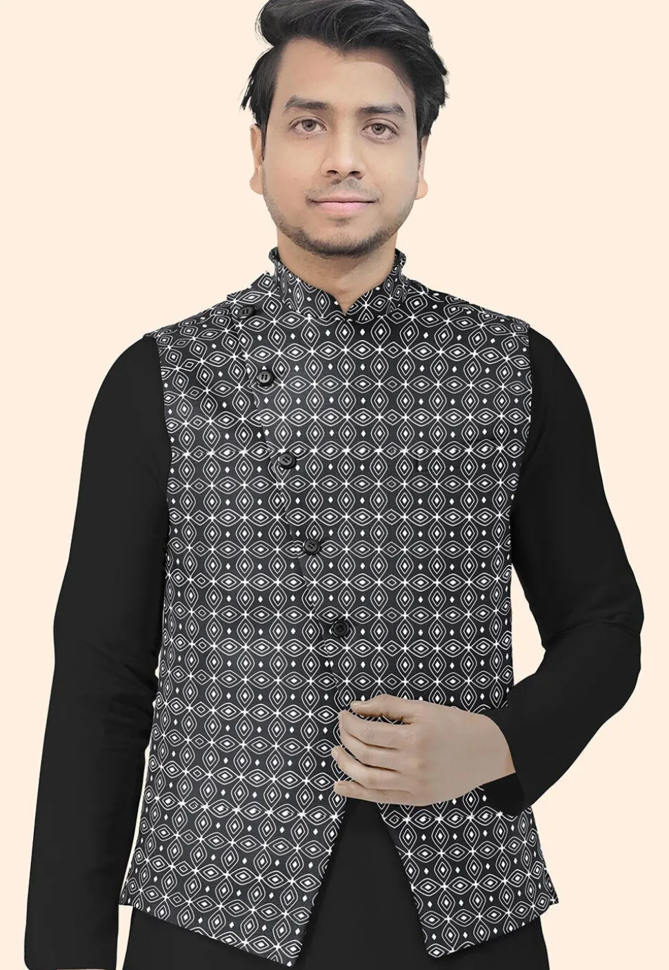 Block Printed Cotton Nehru Jacket in Black