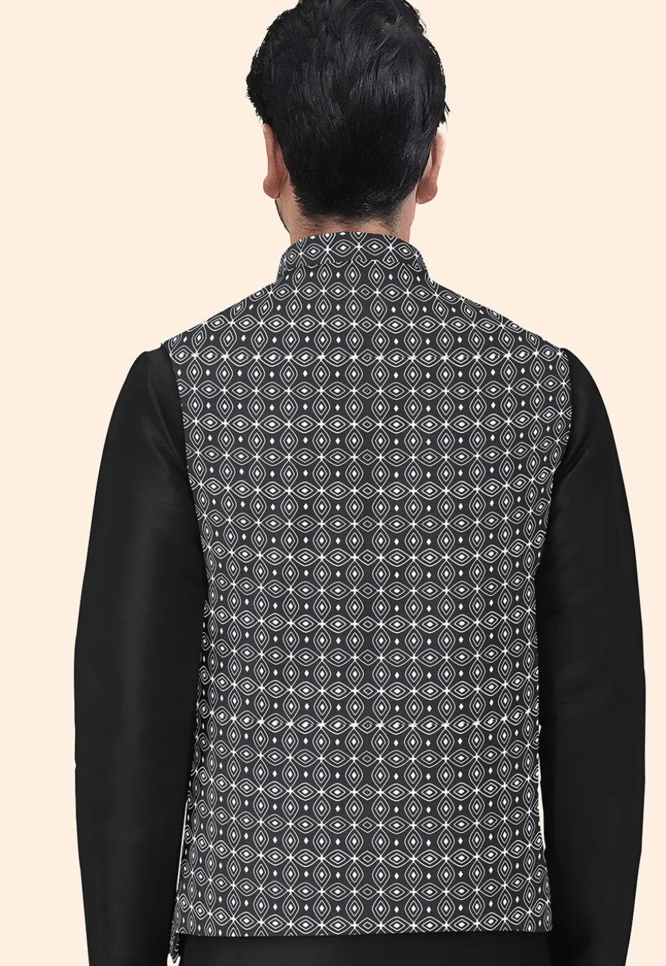 Block Printed Cotton Nehru Jacket in Black