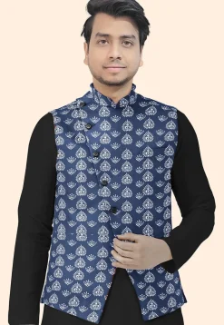 Block Printed Cotton Nehru Jacket in Navy Blue