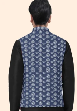 Block Printed Cotton Nehru Jacket in Navy Blue