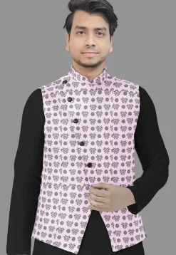 Block Printed Cotton Nehru Jacket in Pink