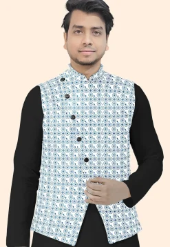 Block Printed Cotton Nehru Jacket in Off White