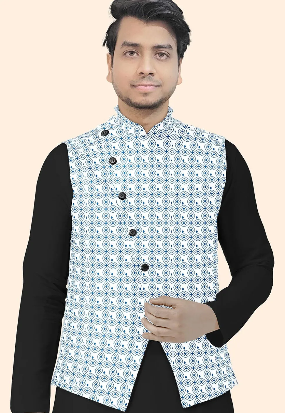 Block Printed Cotton Nehru Jacket in Off White