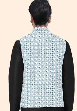 Block Printed Cotton Nehru Jacket in Off White