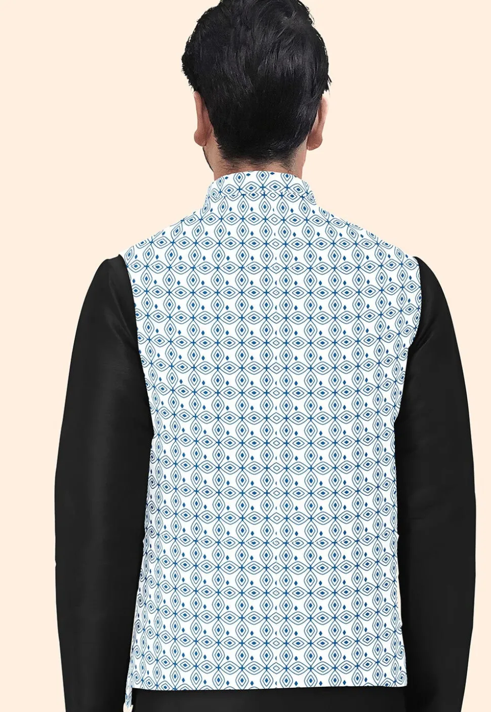 Block Printed Cotton Nehru Jacket in Off White
