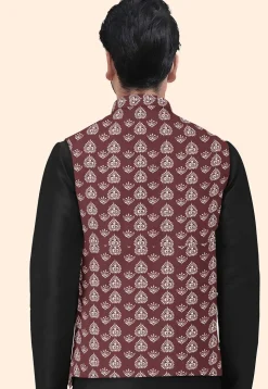 Block Printed Cotton Nehru Jacket in Maroon