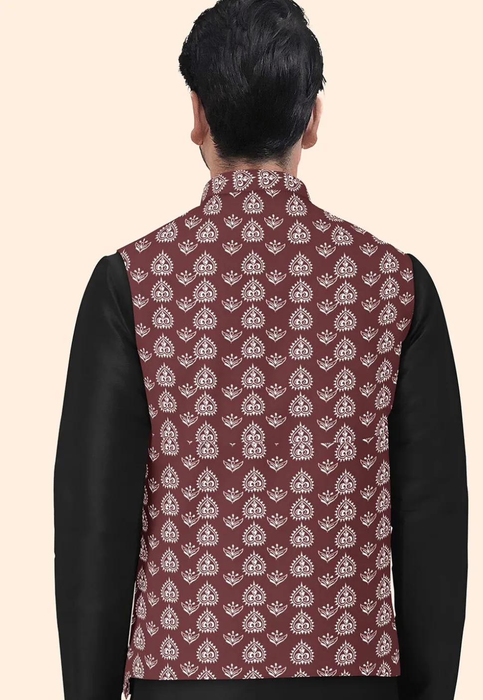 Block Printed Cotton Nehru Jacket in Maroon