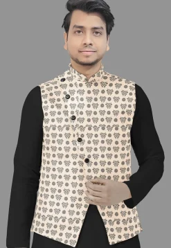Block Printed Cotton Nehru Jacket in Peach