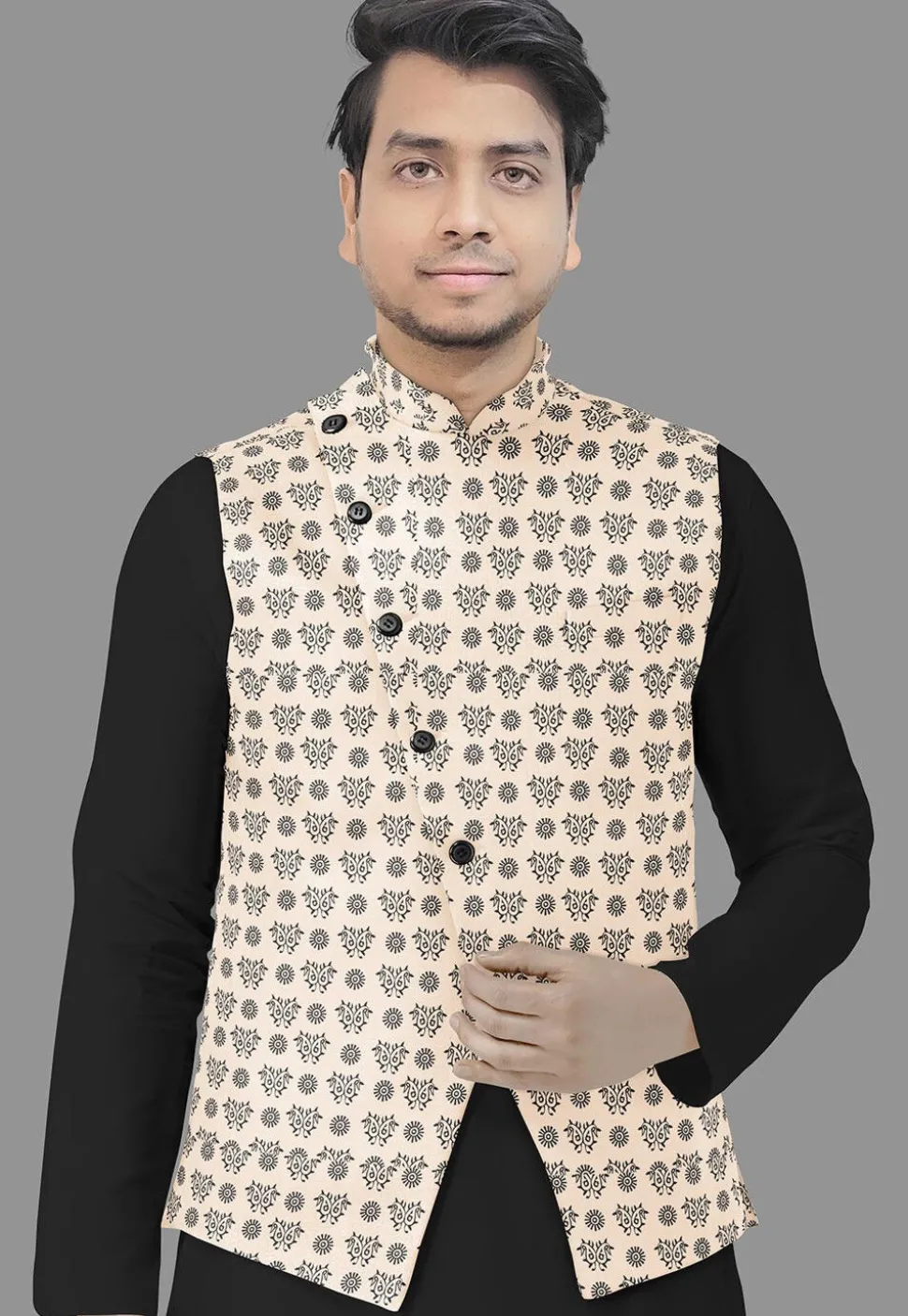 Block Printed Cotton Nehru Jacket in Peach