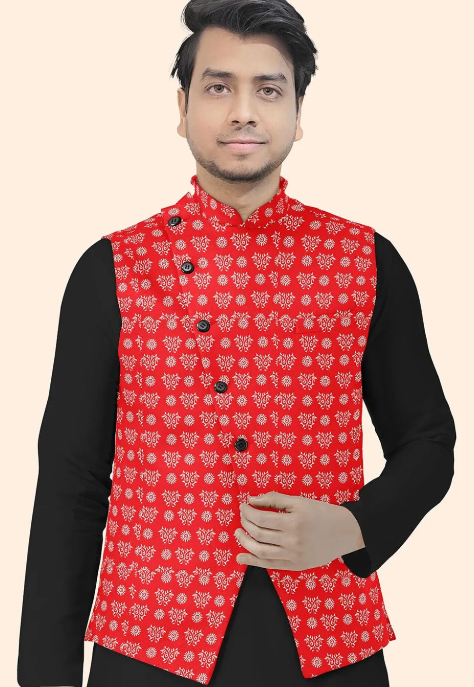 Block Printed Cotton Nehru Jacket in Red