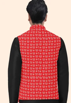 Block Printed Cotton Nehru Jacket in Red
