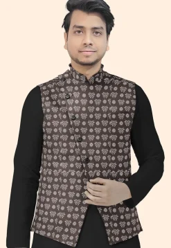 Block Printed Cotton Nehru Jacket in Dark Brown