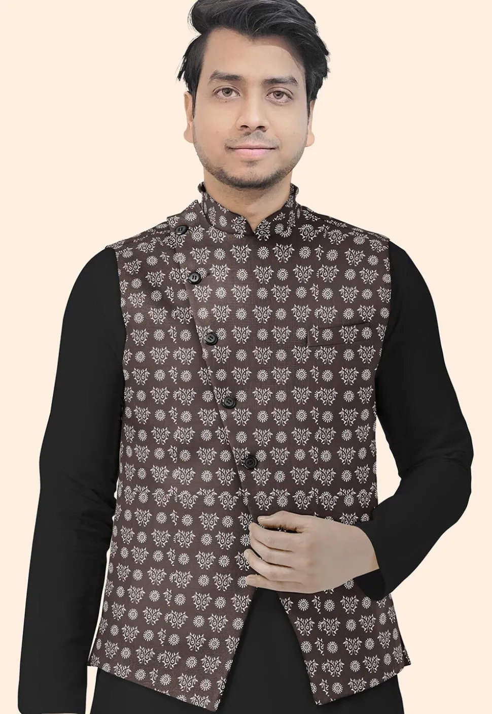 Block Printed Cotton Nehru Jacket in Dark Brown
