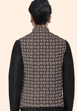 Block Printed Cotton Nehru Jacket in Dark Brown