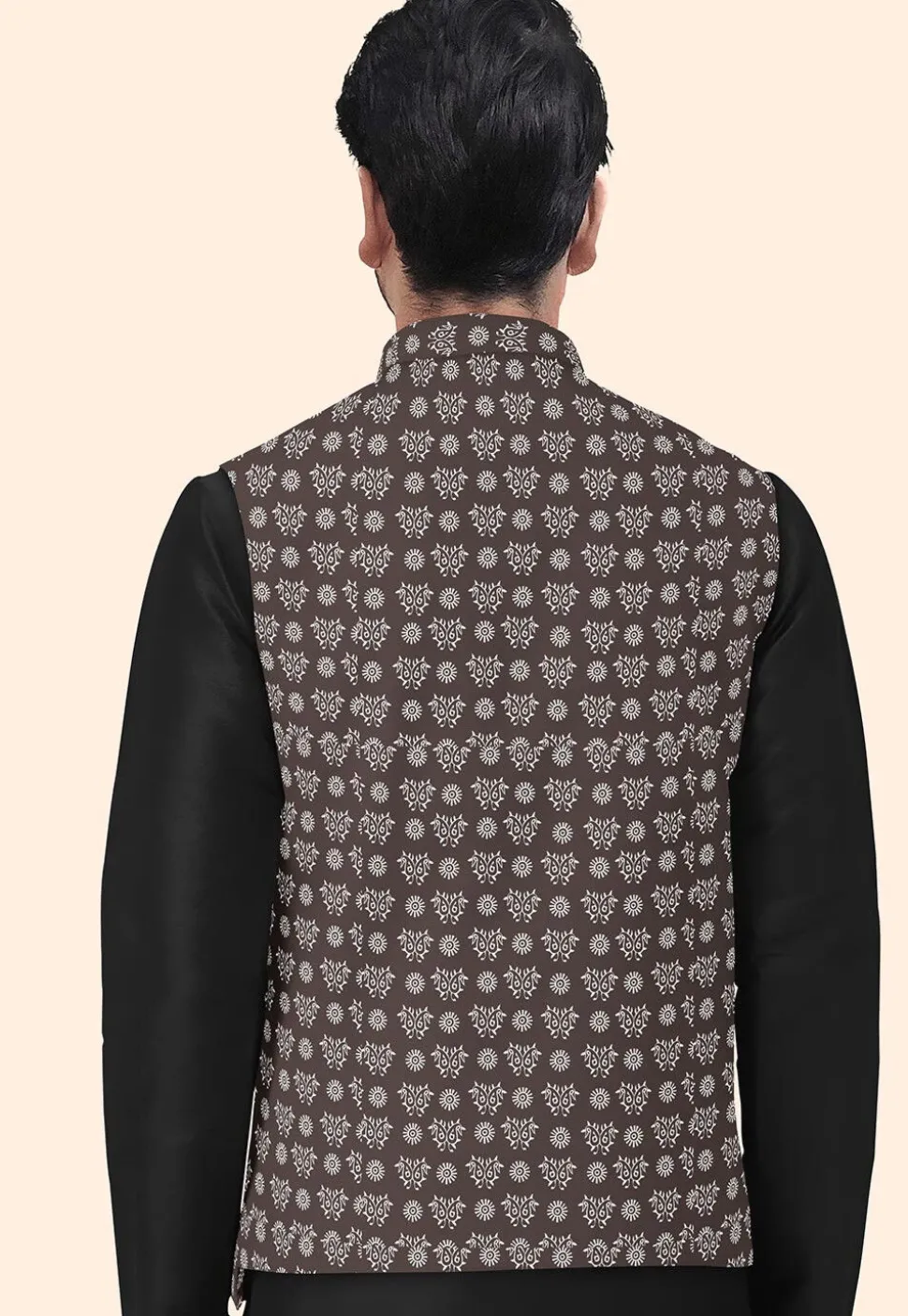 Block Printed Cotton Nehru Jacket in Dark Brown