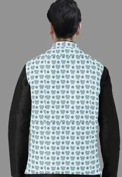 Block Printed Cotton Nehru Jacket in Light Blue