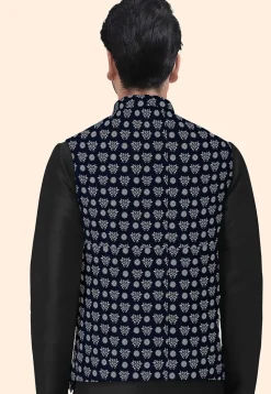 Block Printed Cotton Nehru Jacket in Navy Blue