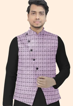 Block Printed Cotton Nehru Jacket in Light Purple