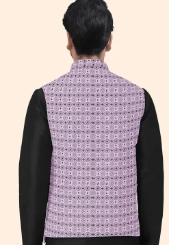 Block Printed Cotton Nehru Jacket in Light Purple