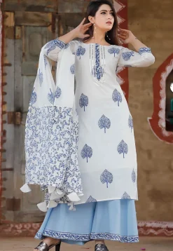 Block Printed Cotton Pakistani Suit in Off White