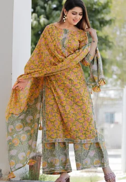 Block Printed Cotton Pakistani Suit in Mustard
