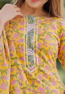 Block Printed Cotton Pakistani Suit in Mustard