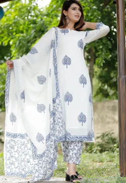 Block Printed Cotton Pakistani Suit in Off White
