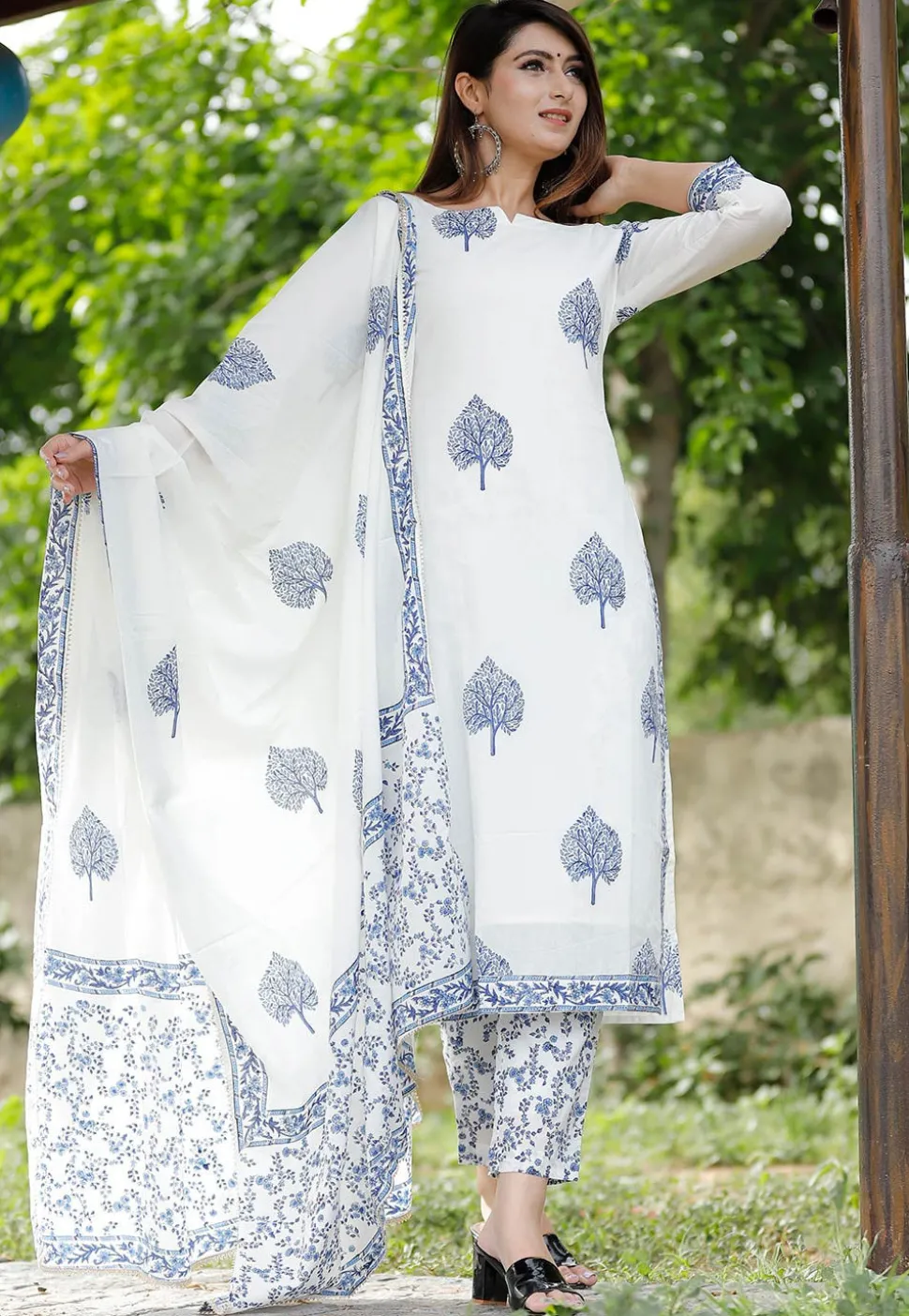 Block Printed Cotton Pakistani Suit in Off White