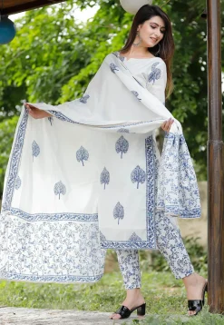 Block Printed Cotton Pakistani Suit in Off White